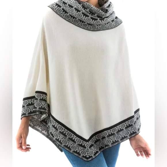 novica Sweaters - 100% baby Alpaca, Cream and Black Women's Sweater Poncho